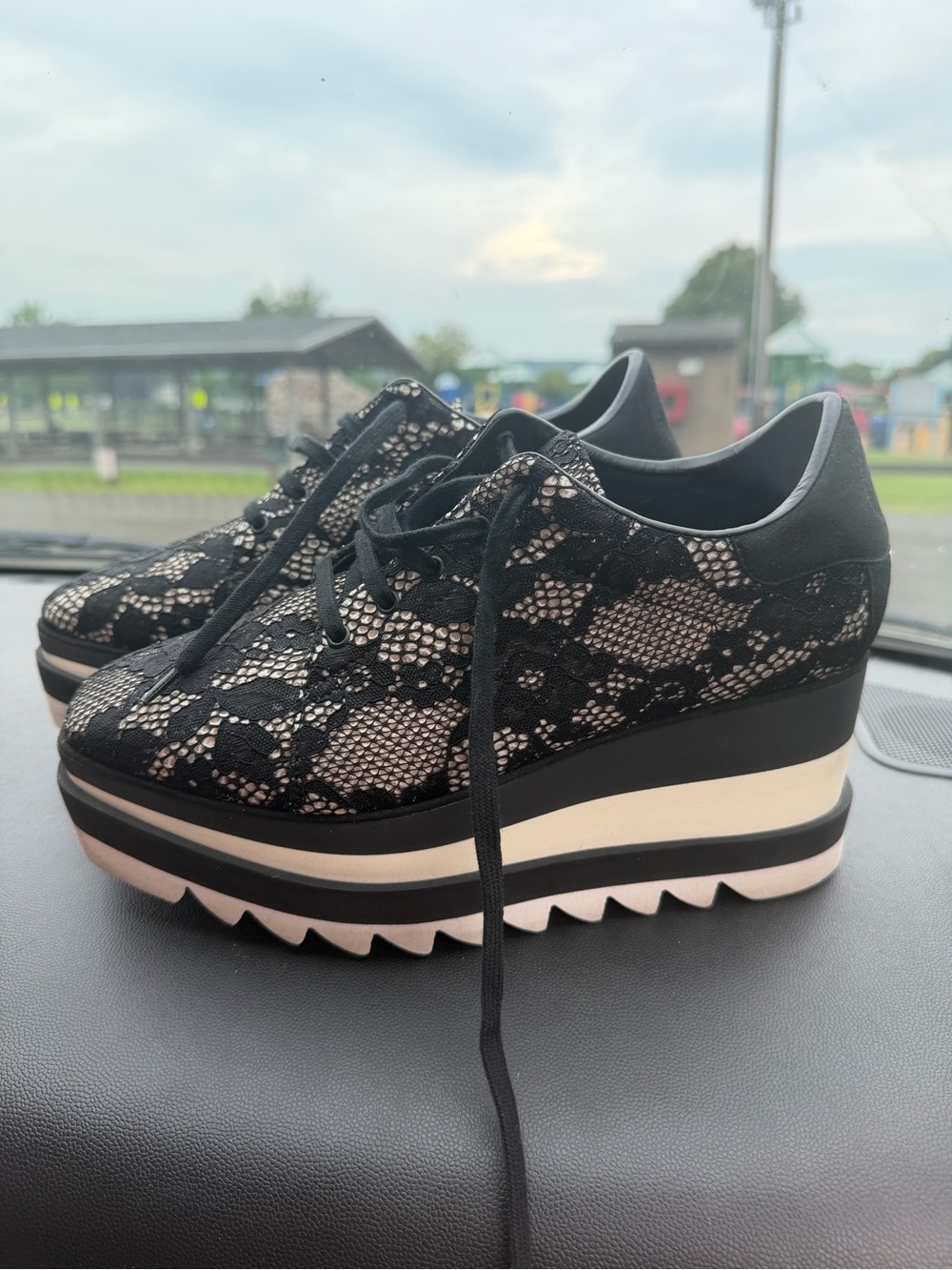 Stella McCartney Black Lace Platform Sneakers with Cream Midsole